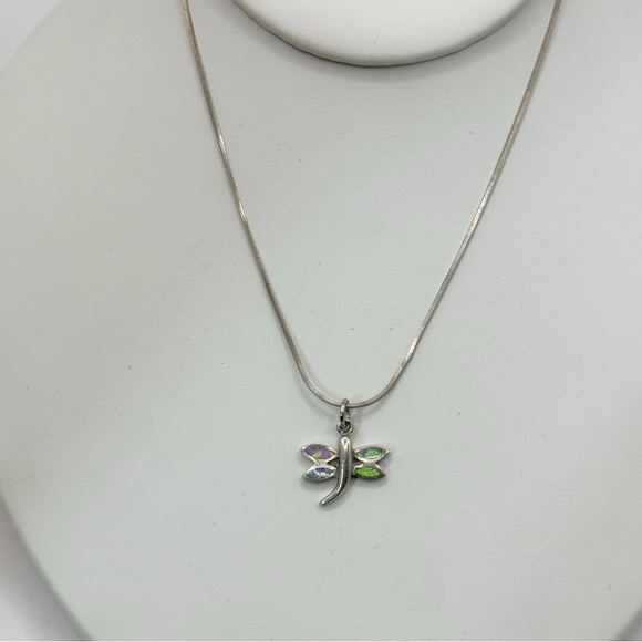 Sterling silver dragonfly necklace with opal inlay wings whimsical art nouveau - Picture 4 of 9